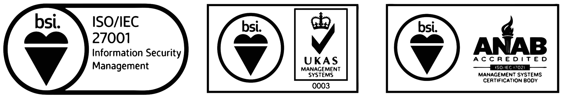BSI ISO/IEC 27001 Information Security Management certified, ANAB accredited, UKAS Management Systems